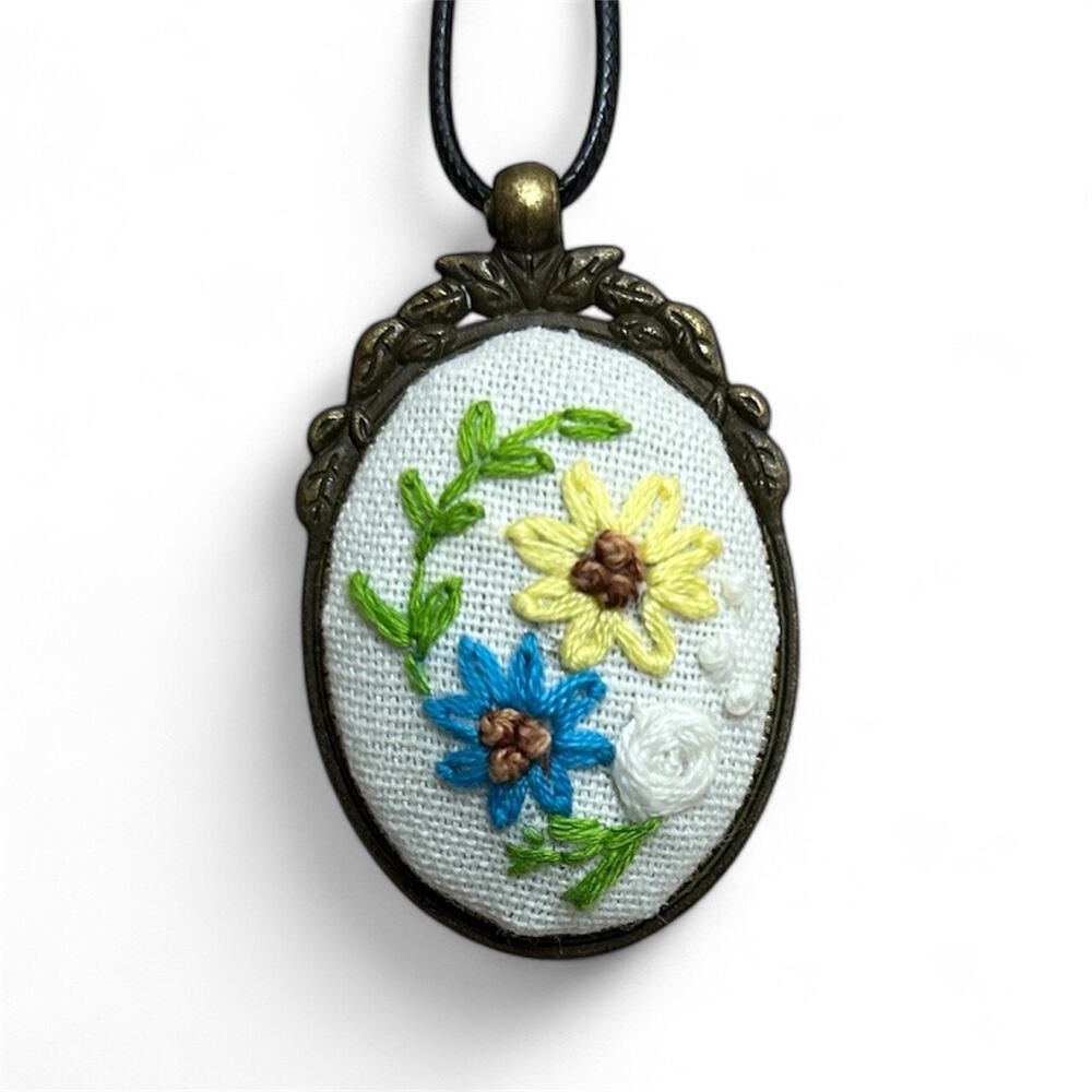 Embroidered Cameo Necklace with Yellow & Blue Flowers Handmade